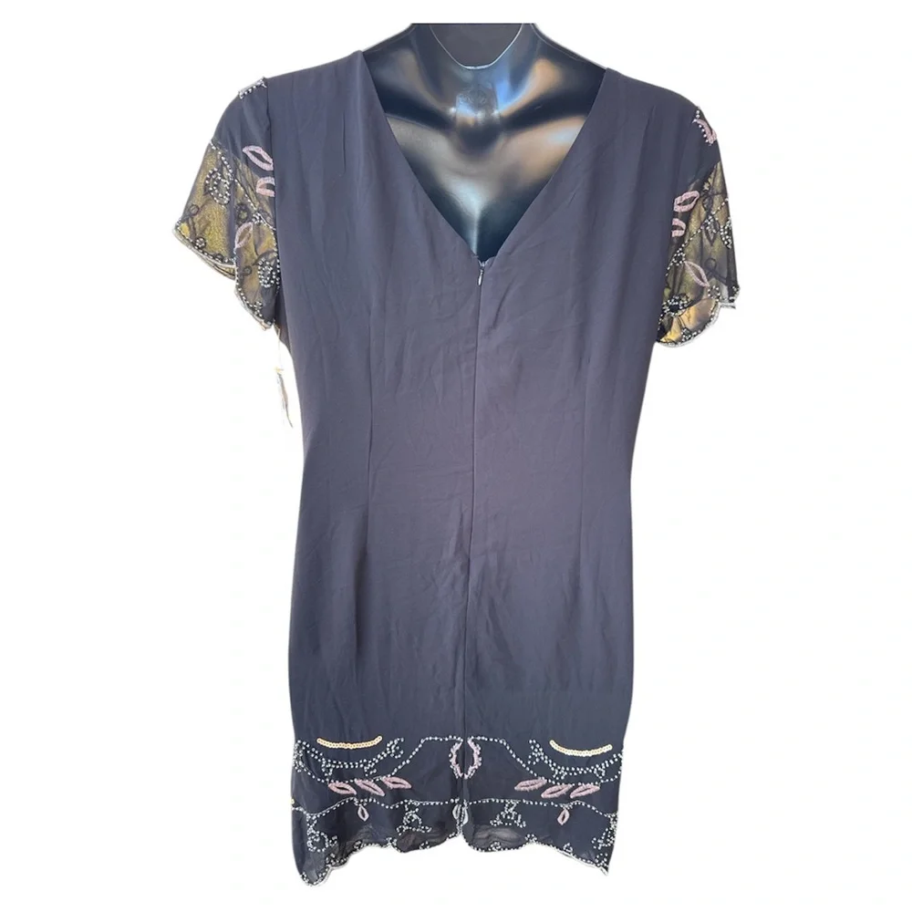 Spense Black Beaded Embellished Cocktail Dress Women 14 NWT Sheer Overlay - Picture 3 of 16